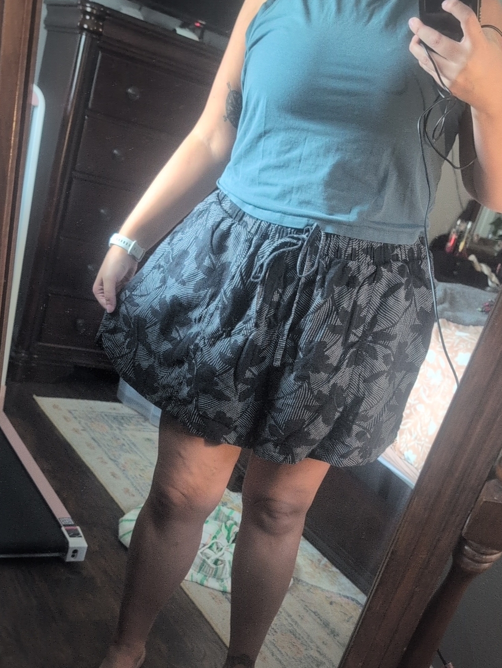 Black Floral Shorts with Drawstring Waist